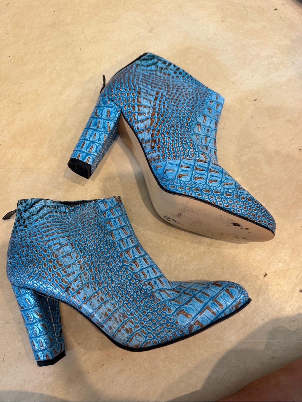 Croc-Embossed Turquoise Block Heel Ankle Booties